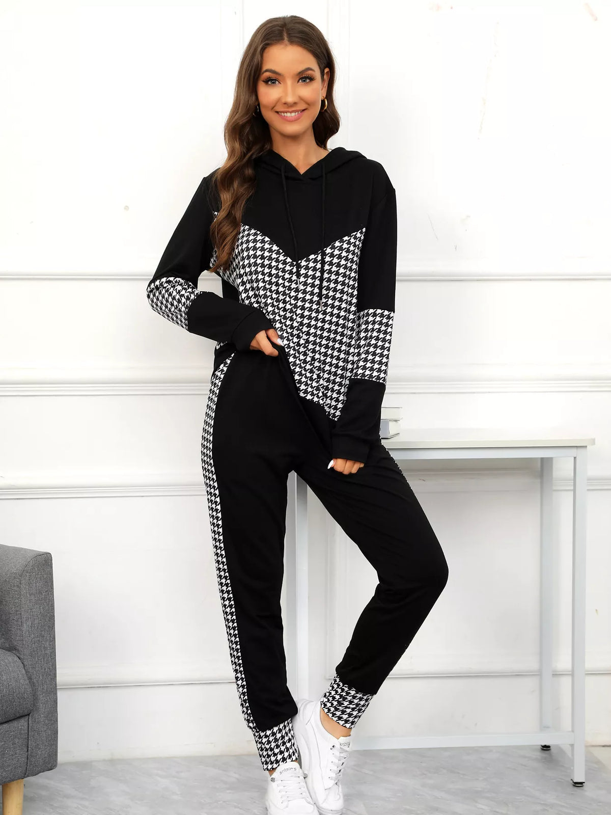 Houndstooth Drawstring Hoodie and Pants Se Black OutfitFlow