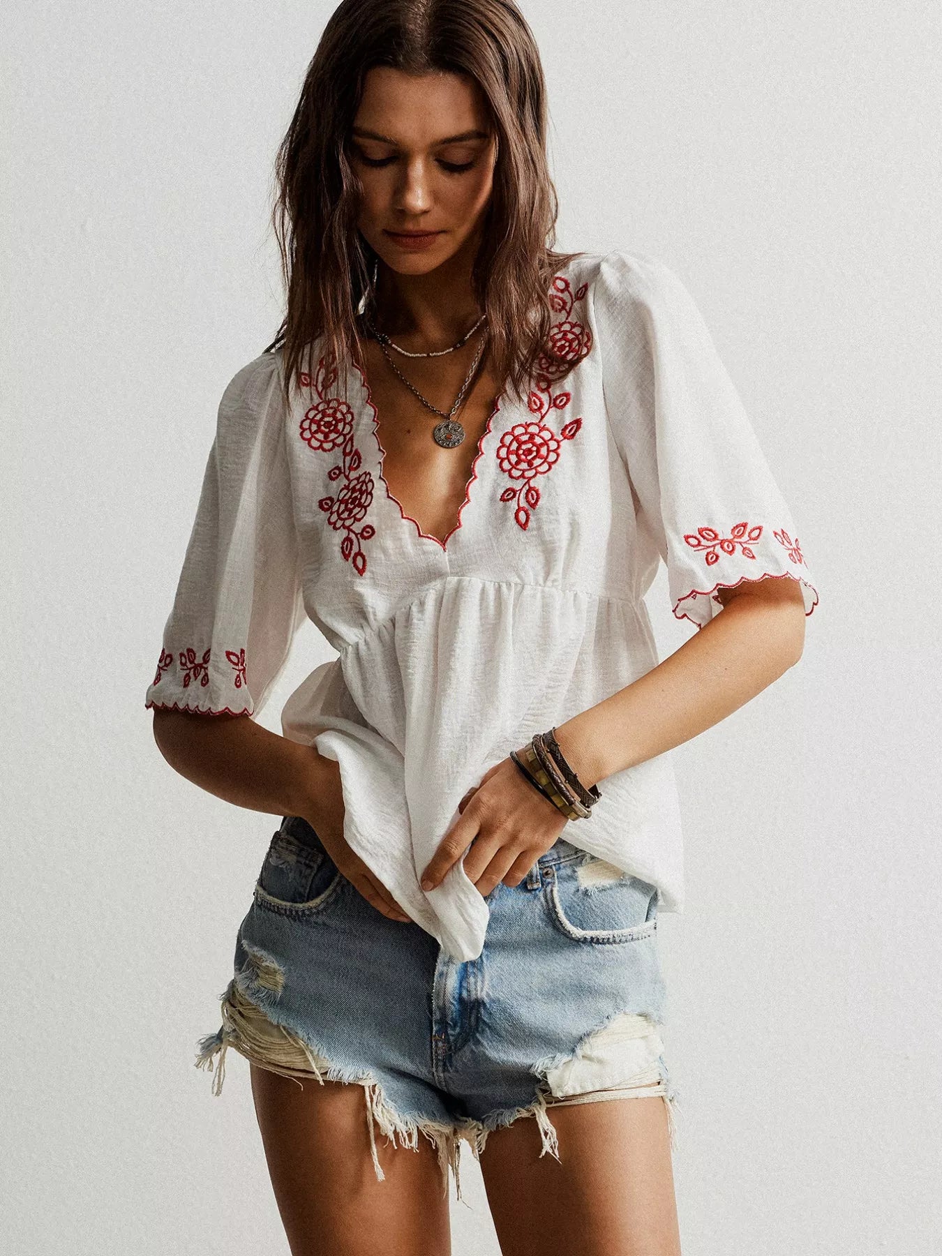 Embroidered Floral V-Neck Blouse OutfitFlow