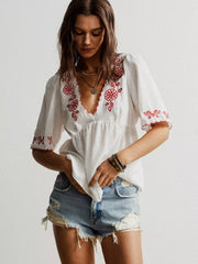 Embroidered Floral V-Neck Blouse OutfitFlow