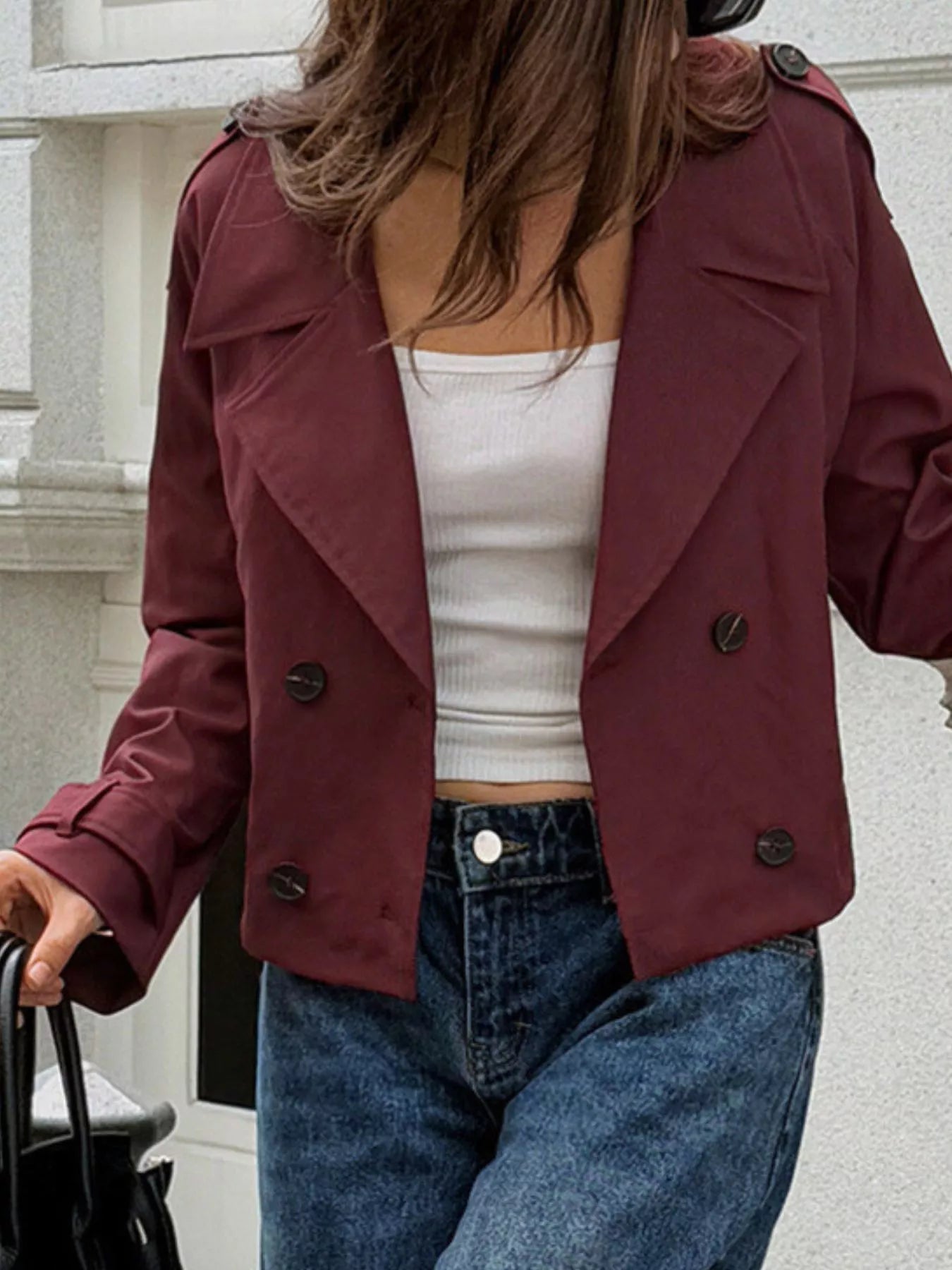 Cropped Double-Breasted Raglan Sleeve Jacket Trendsi
