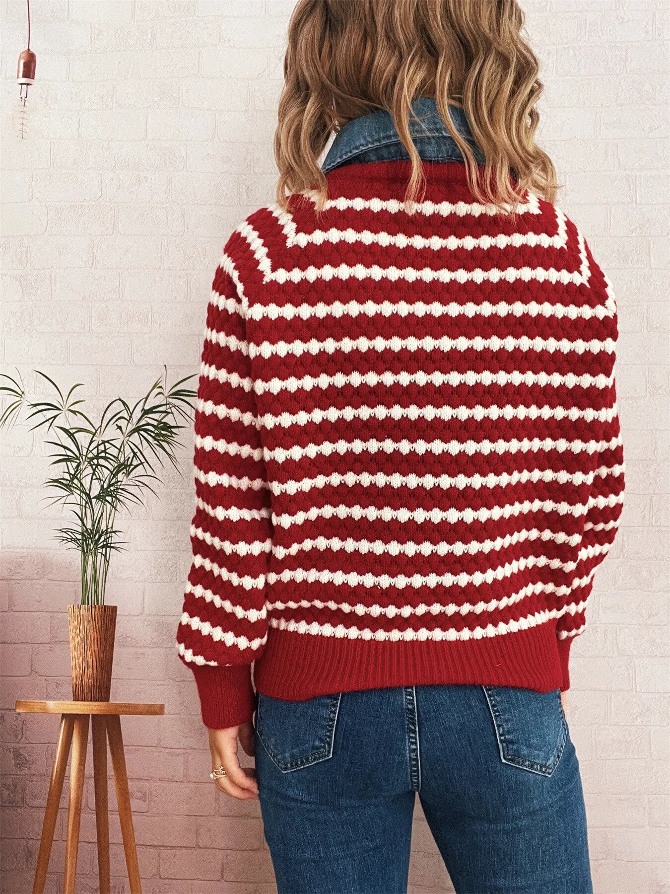Contrast Striped Sweater with Denim Collar OutfitFlow