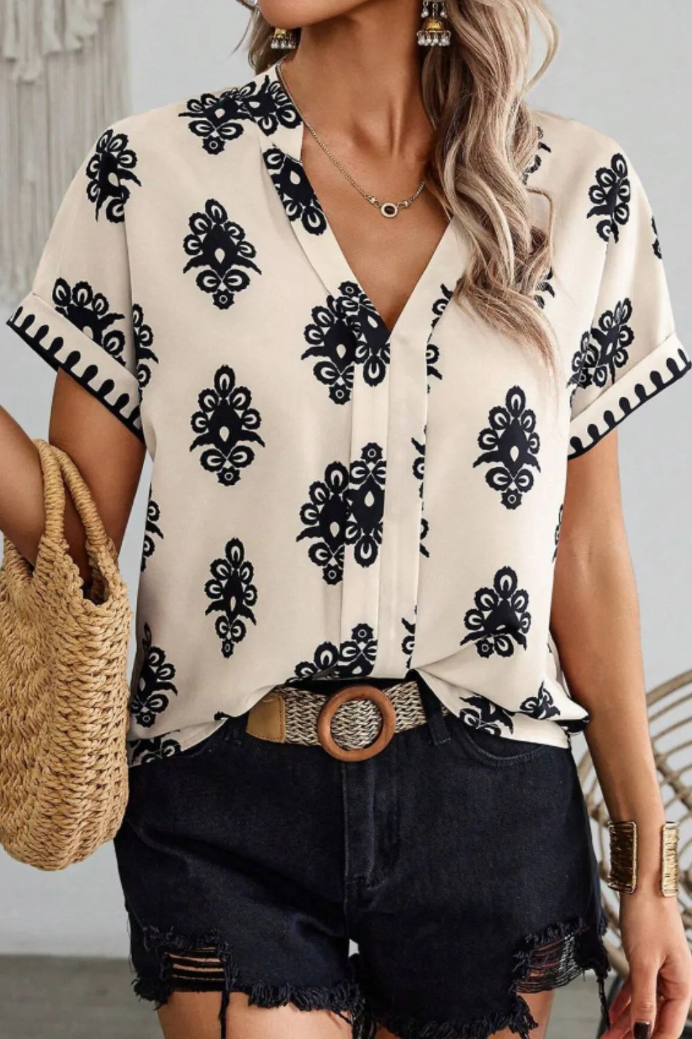 Printed Short Sleeve Loose Blouse OutfitFlow