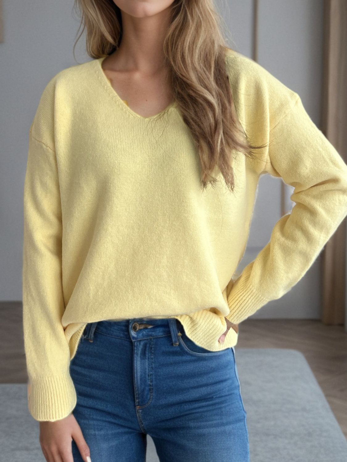 Outfit Flow - V-Neck Dropped Shoulder Long Sleeve Sweater