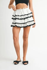 MABLE Poplin Ruffle Layered Contract Lace Trim Mini Skirt OutfitFlow