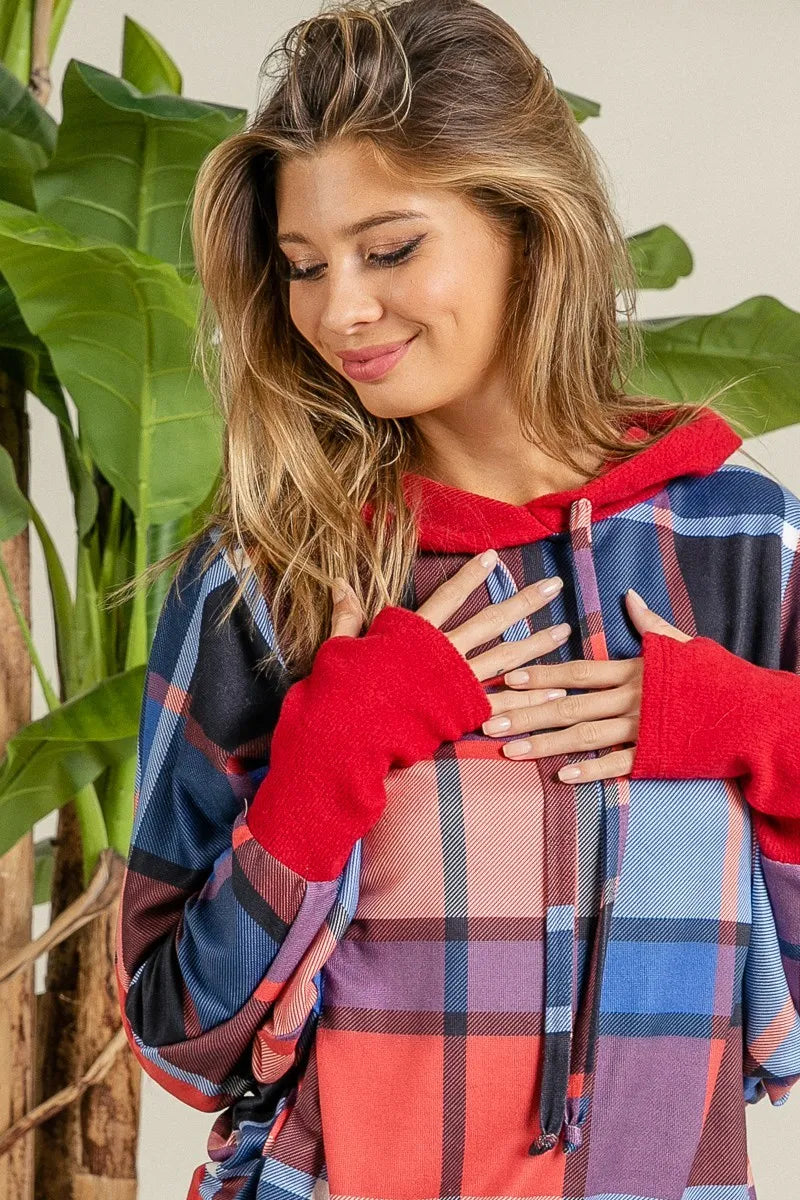 BiBi Plaid Mirr Brushed Rib Contrast Thumb Open Hoodie OutfitFlow