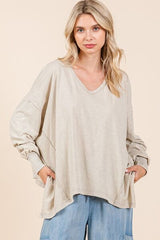 Mittoshop Mineral Wash V-Neck Long Sleeve Oversized Top Stone OutfitFlow