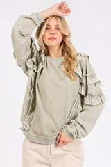 Mittoshop Ruffled Mineral Washed Round Neck Long Sleeve Sweatshirt OutfitFlow