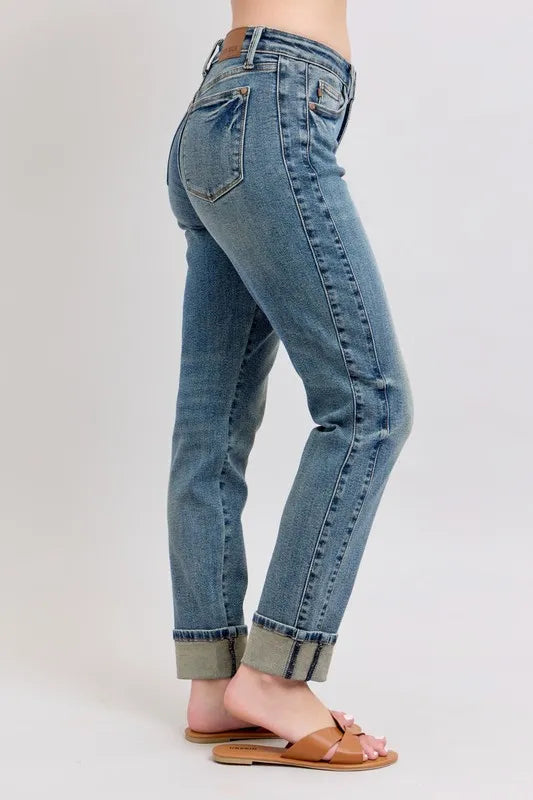 Judy Blue Full Size Mid Rise Vintage Wash Double Roll Cuff Boyfriend Jeans Plus Size OutfitFlow