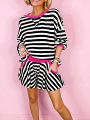 Stripe Contrast Ribbed Banding Long Sleeve Blouse and Loose Shorts Set OutfitFlow