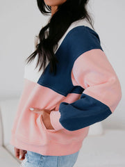 Colorblock Patchwork Half Button Baggy Sweatshirt OutfitFlow