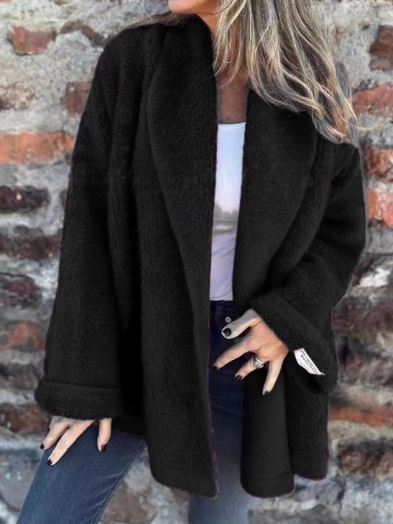 Open Front Long Sleeve Fluffy Jacket Black Trendsi