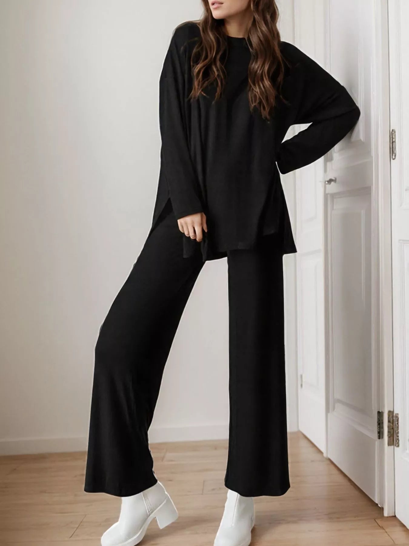 Casual Loose Long Sleeve Top and Wide Leg Pants Set Black Trendsi