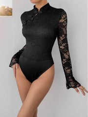 Perfee Lace Mock Neck Long Sleeve Bodysuit