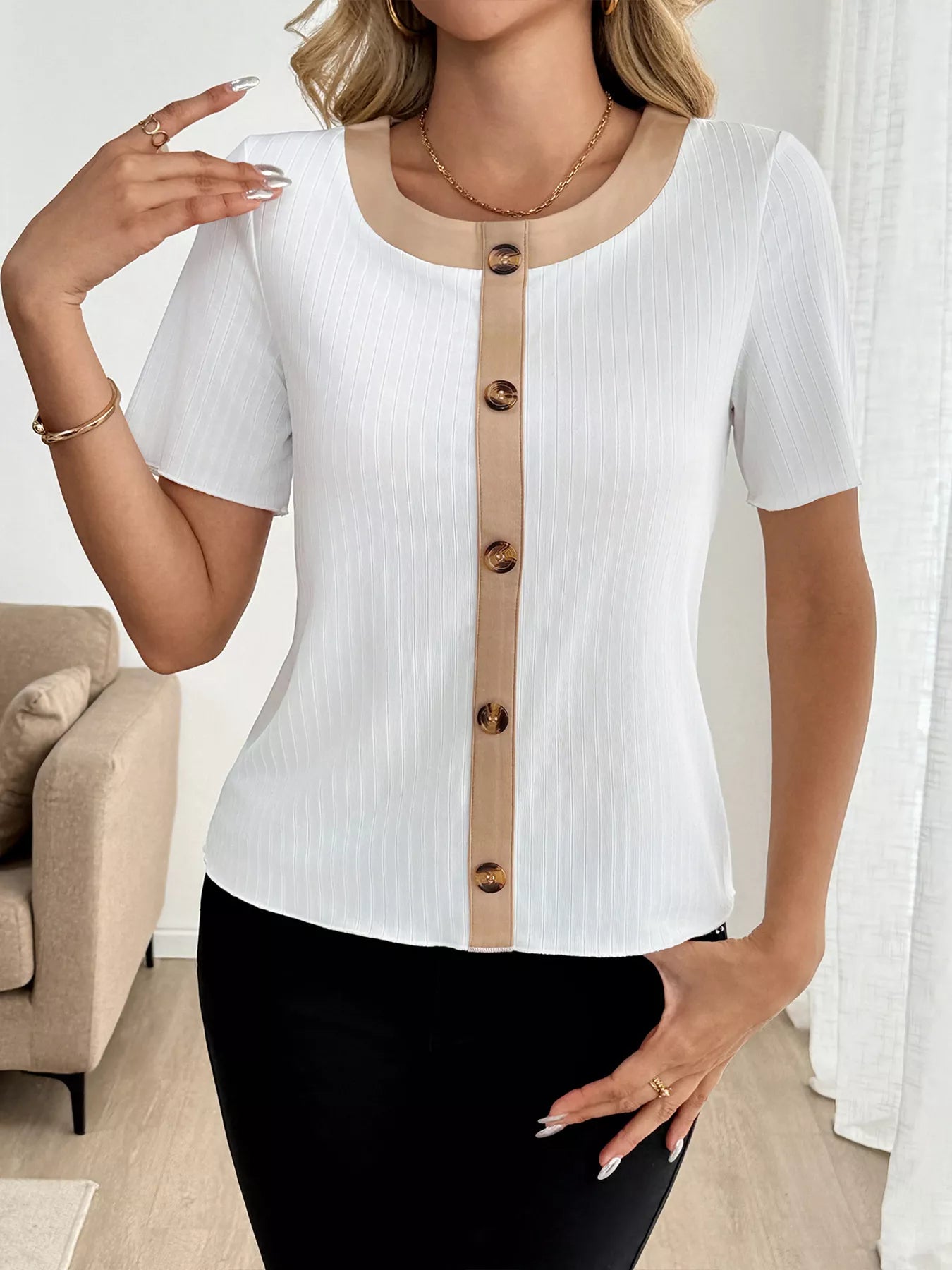 Decor Button Round Neck Short Sleeve Blouse OutfitFlow