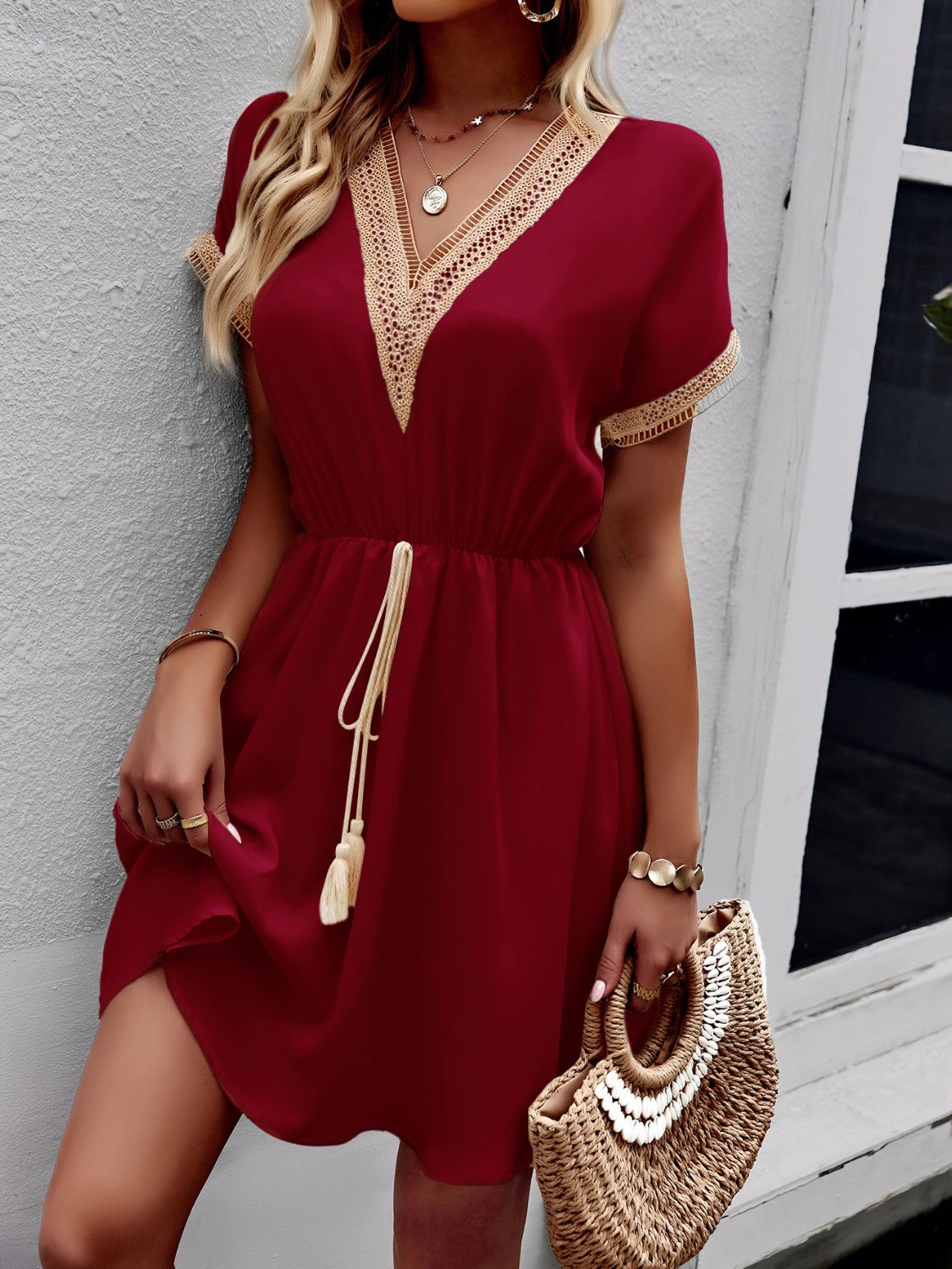 Devine Contrast Trim V-Neck Short Sleeve Mini Dress