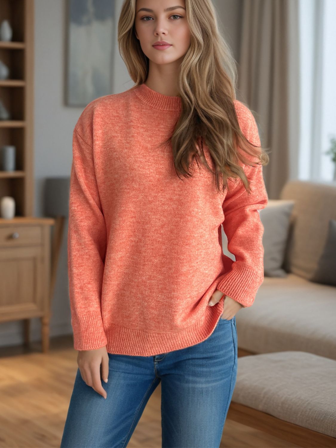 Outfit Flow - Round Neck Drop Shoulder Long Sleeve Sweater