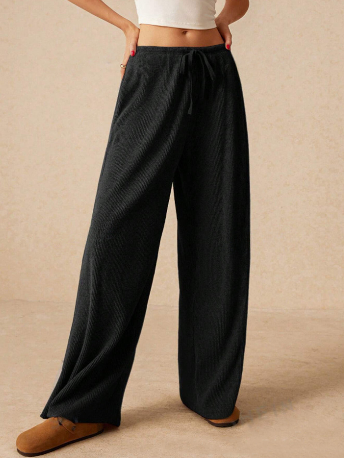 Outfit Flow - Ribbed Drawstring Wide Leg Pants