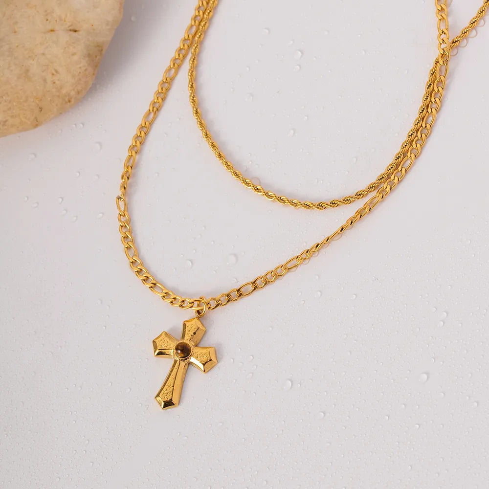 18K Gold-Plated Double Layered Cross Necklace OutfitFlow
