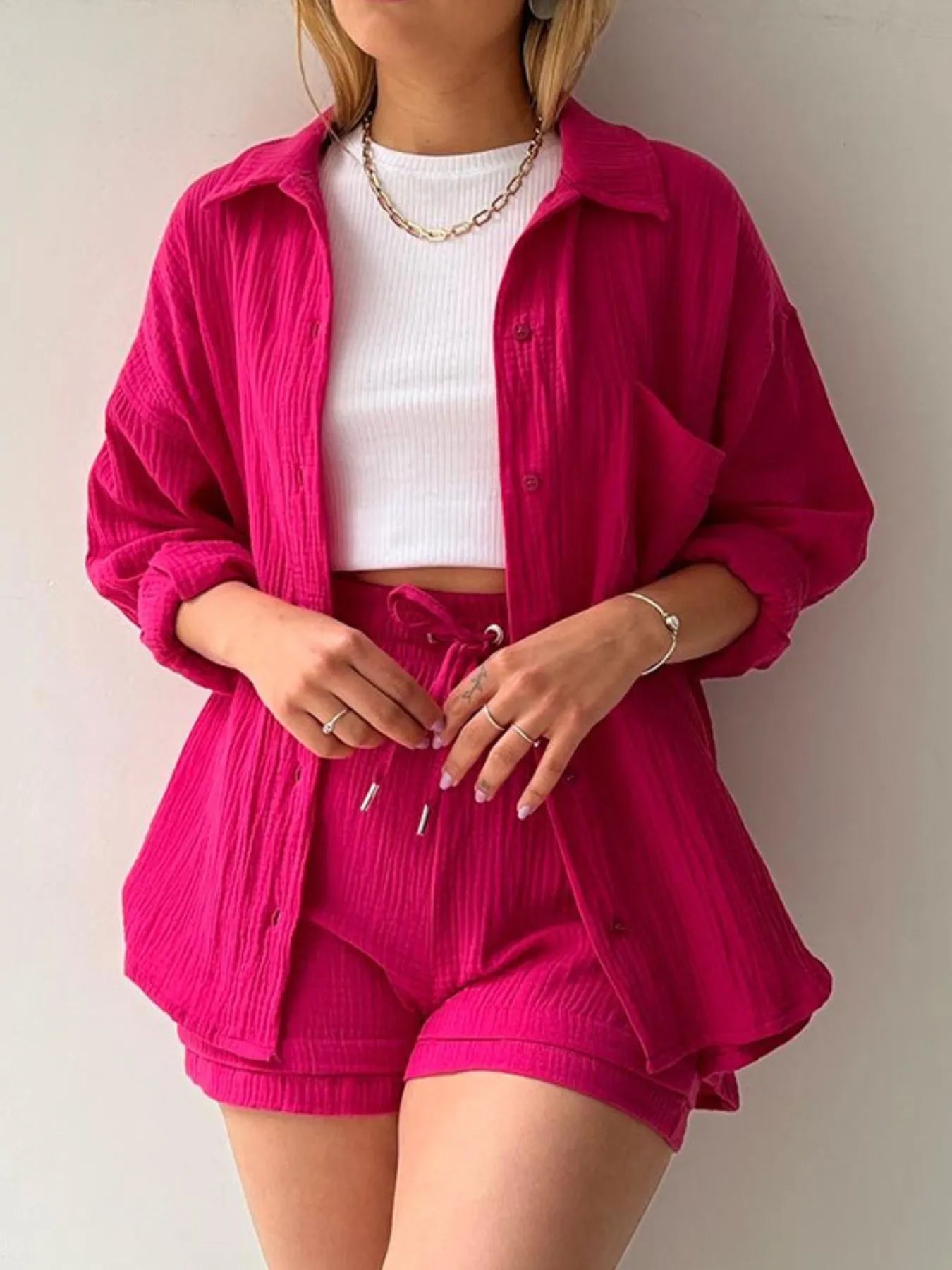 Textured Button Up Shirt and Shorts Set OutfitFlow