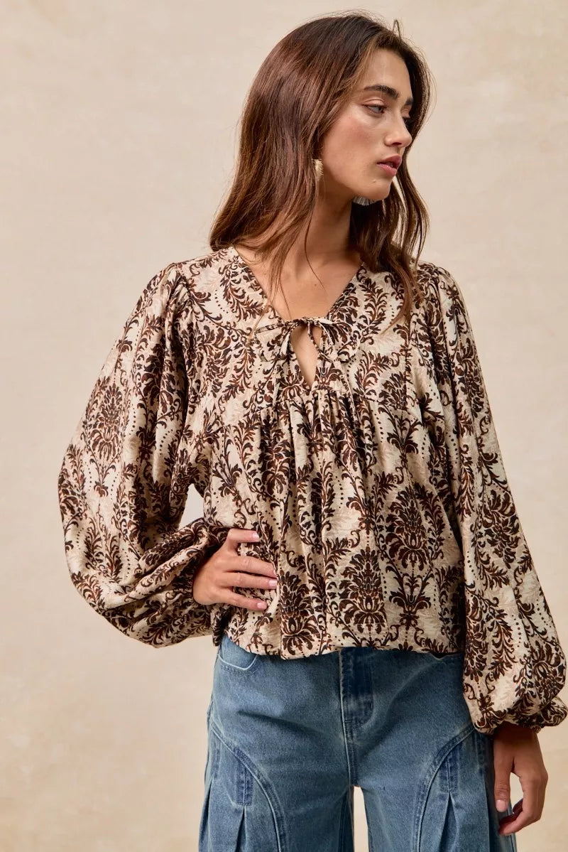 BiBi Printed Woven Front Tied Blouse with Baloon Sleeve OutfitFlow