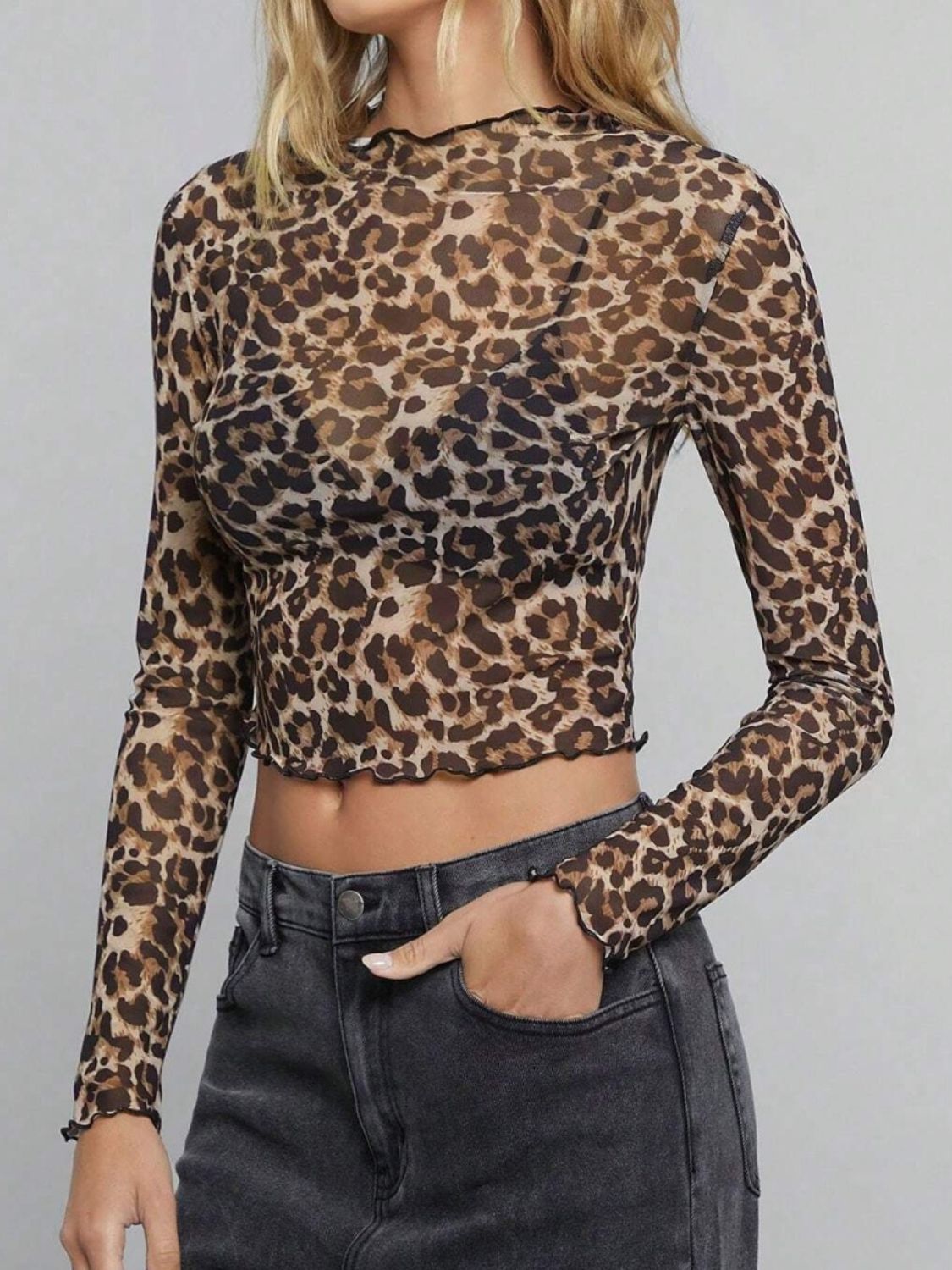 Leopard Mock Neck Long Sleeve Sheer Top OutfitFlow