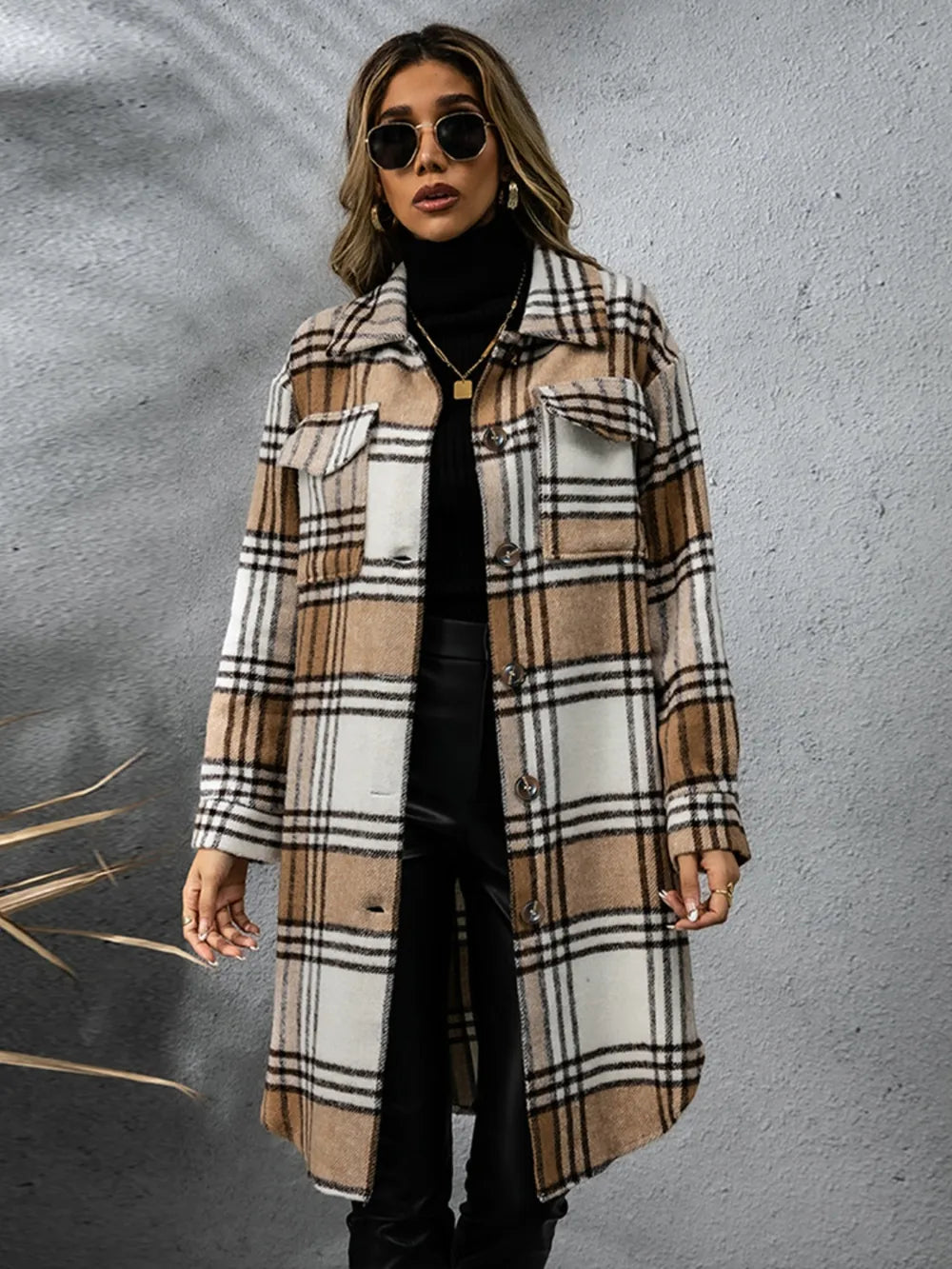 Plaid Collared Neck Long Sleeve Coat OutfitFlow
