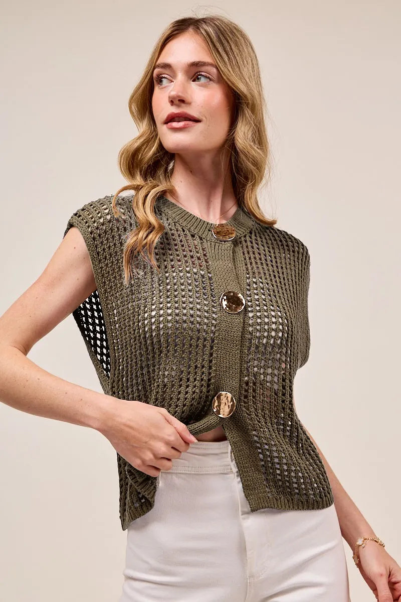 SO ME Big Metal Button Front Openwork Sweater Vest MOCHA OutfitFlow