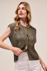 SO ME Big Metal Button Front Openwork Sweater Vest MOCHA OutfitFlow