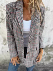 Full Size Plaid Single-Breasted Long Sleeve Blazer Plus Size Dark Brown Trendsi