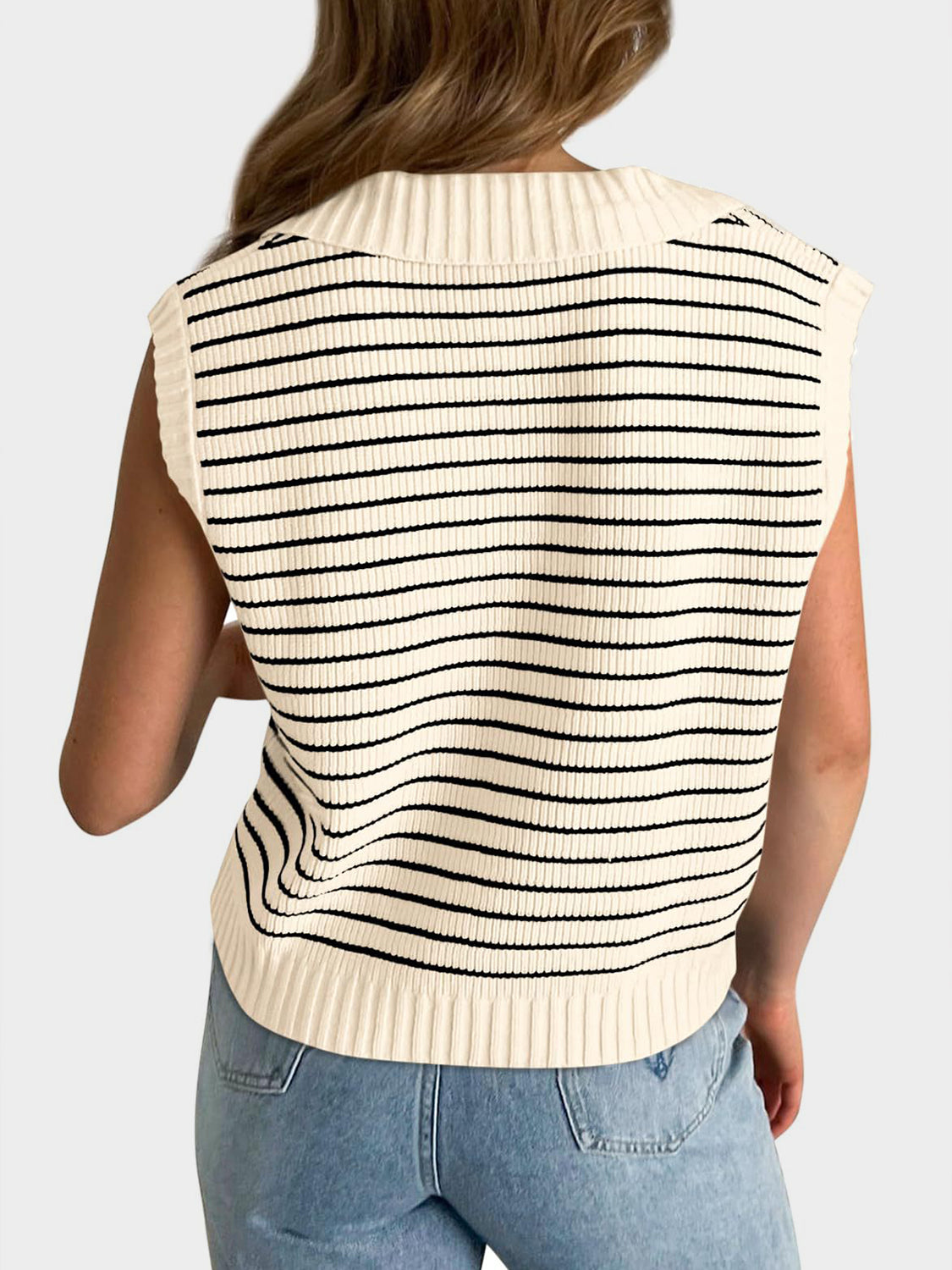 Outfit Flow - Mandy Collared Neck Striped Sweater Vest