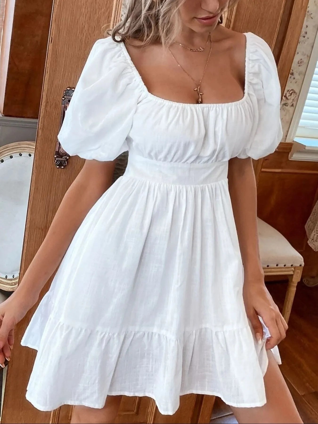 Square Neck Puff Sleeve Mini Dress OutfitFlow
