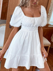 Square Neck Puff Sleeve Mini Dress OutfitFlow