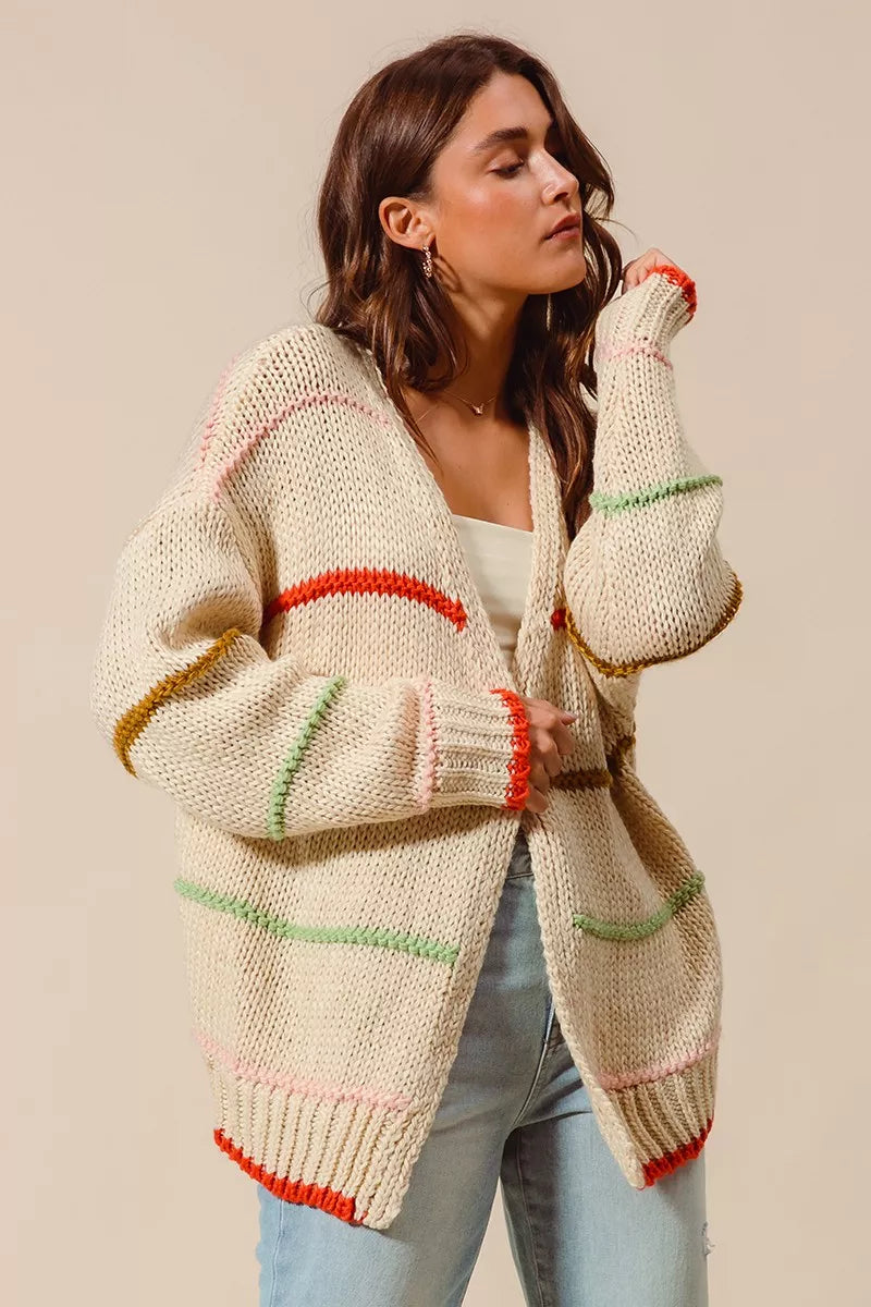 SO ME Loose Fit Multi Stripe Open Front Cardigan Trendsi