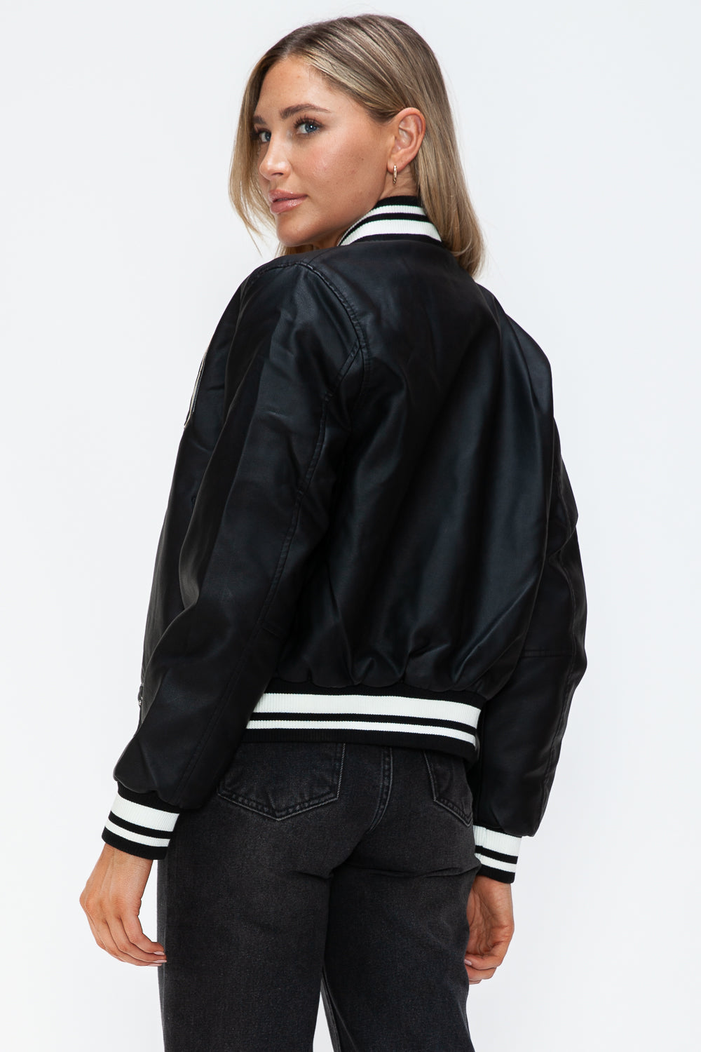 Outfit Flow - Love Me Now PU Leather Contrast Snap Down Bomber Jacket