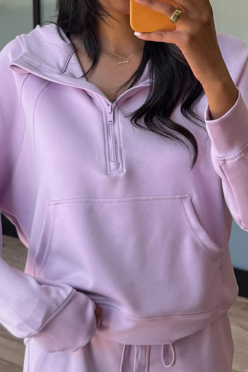 Half Sleeve Kangaroo Pocket Hoodie and Pants Set OutfitFlow