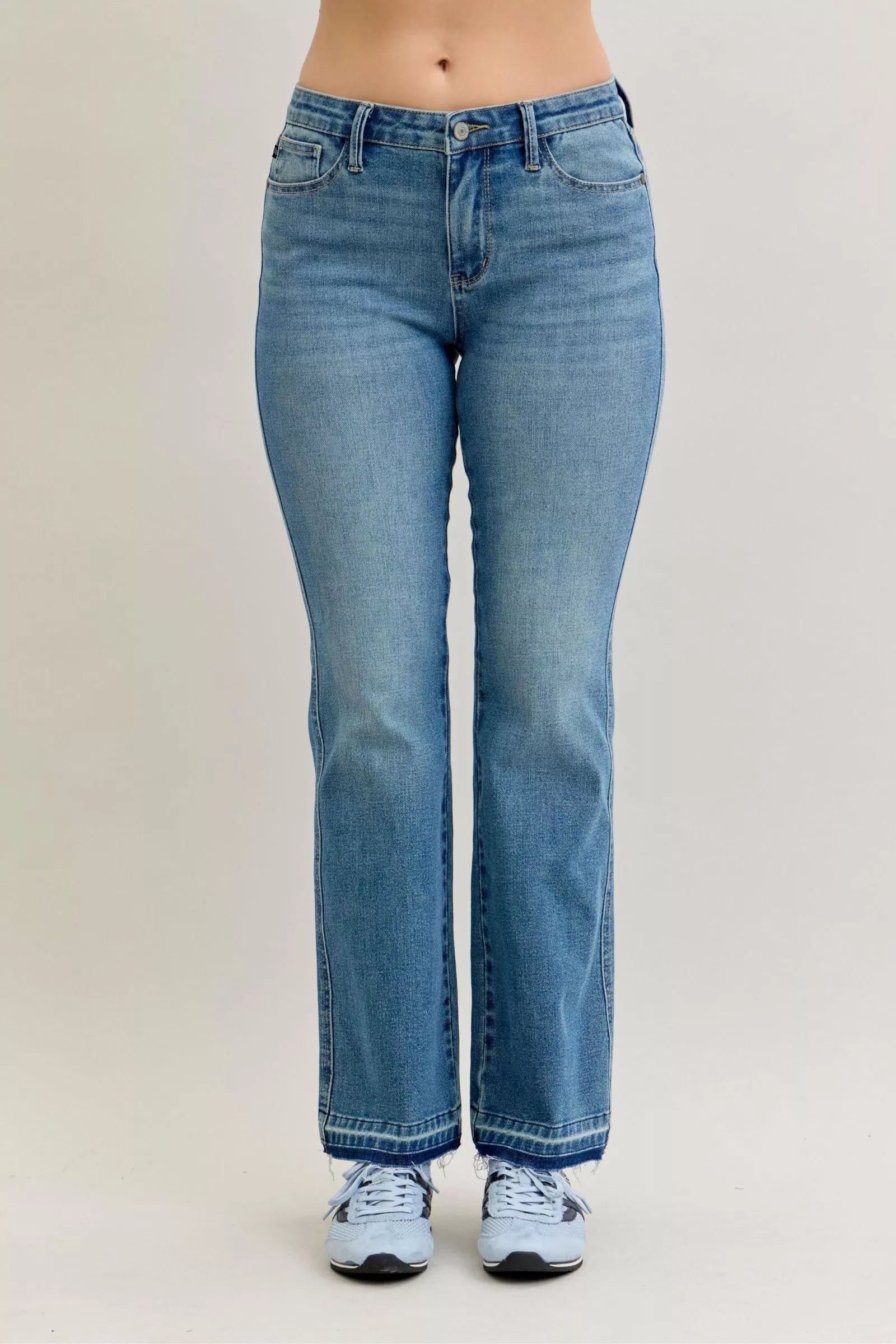 Judy Blue Full Size Mid Rise Slim Bootcut Tummy Control Release Hem Jeans Plus Size OutfitFlow