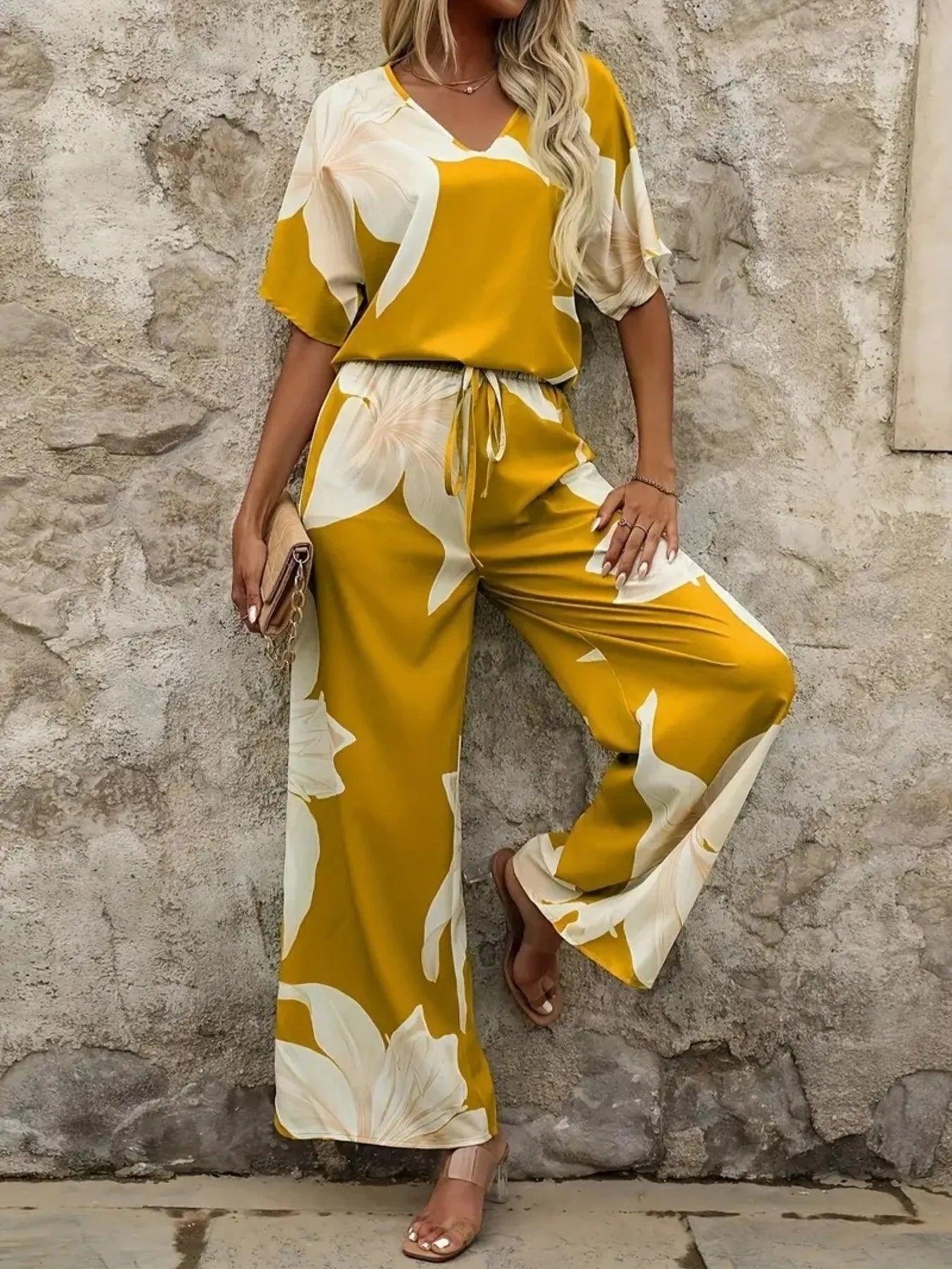 Printed V-Neck Top and Pants Set Yellow OutfitFlow