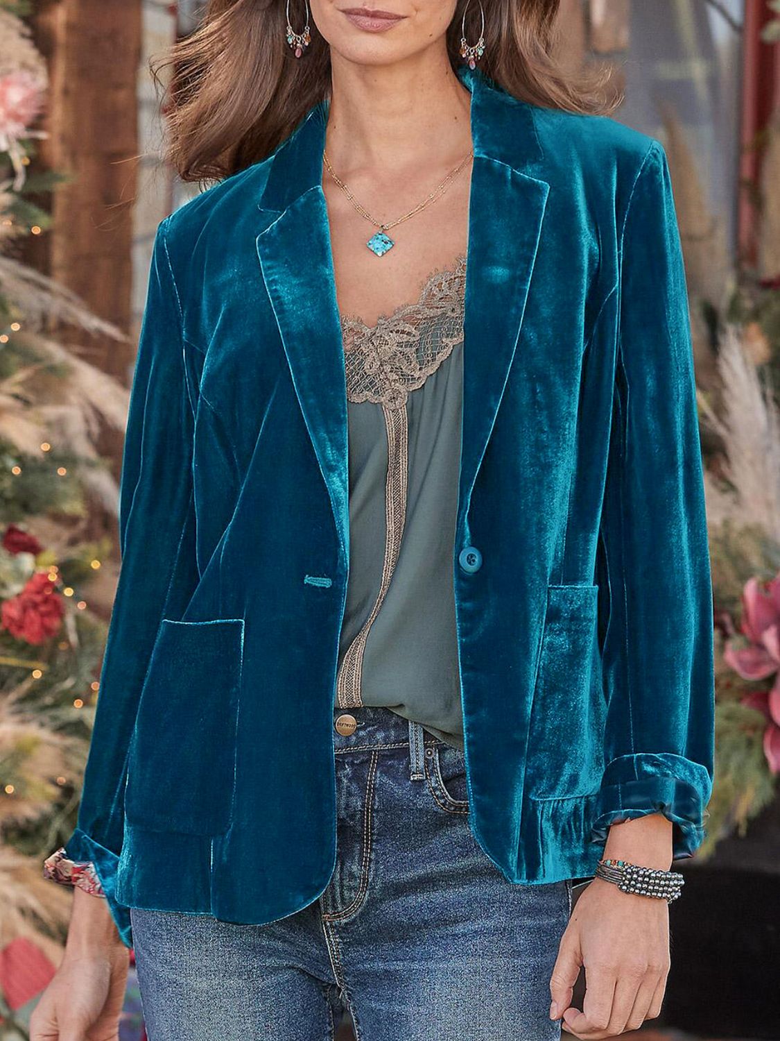 Pocketed Button Up Lapel Collar Blazer Peacock Blue OutfitFlow