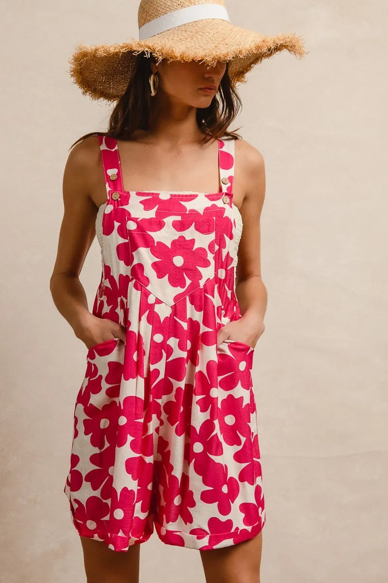 BiBi Floral Prints Tuck Detail Short Overall With Pockets OutfitFlow