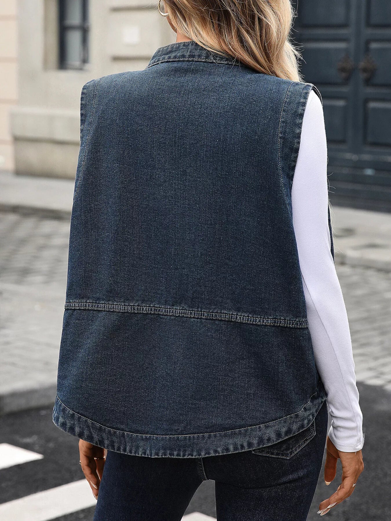 Snap Down Sleeveless Denim Jacket OutfitFlow