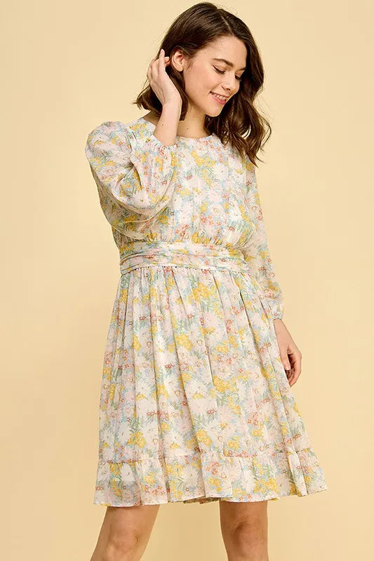 Lime 'N' Chili Chiffon Floral Print Belted Dress with Back Zipper OutfitFlow