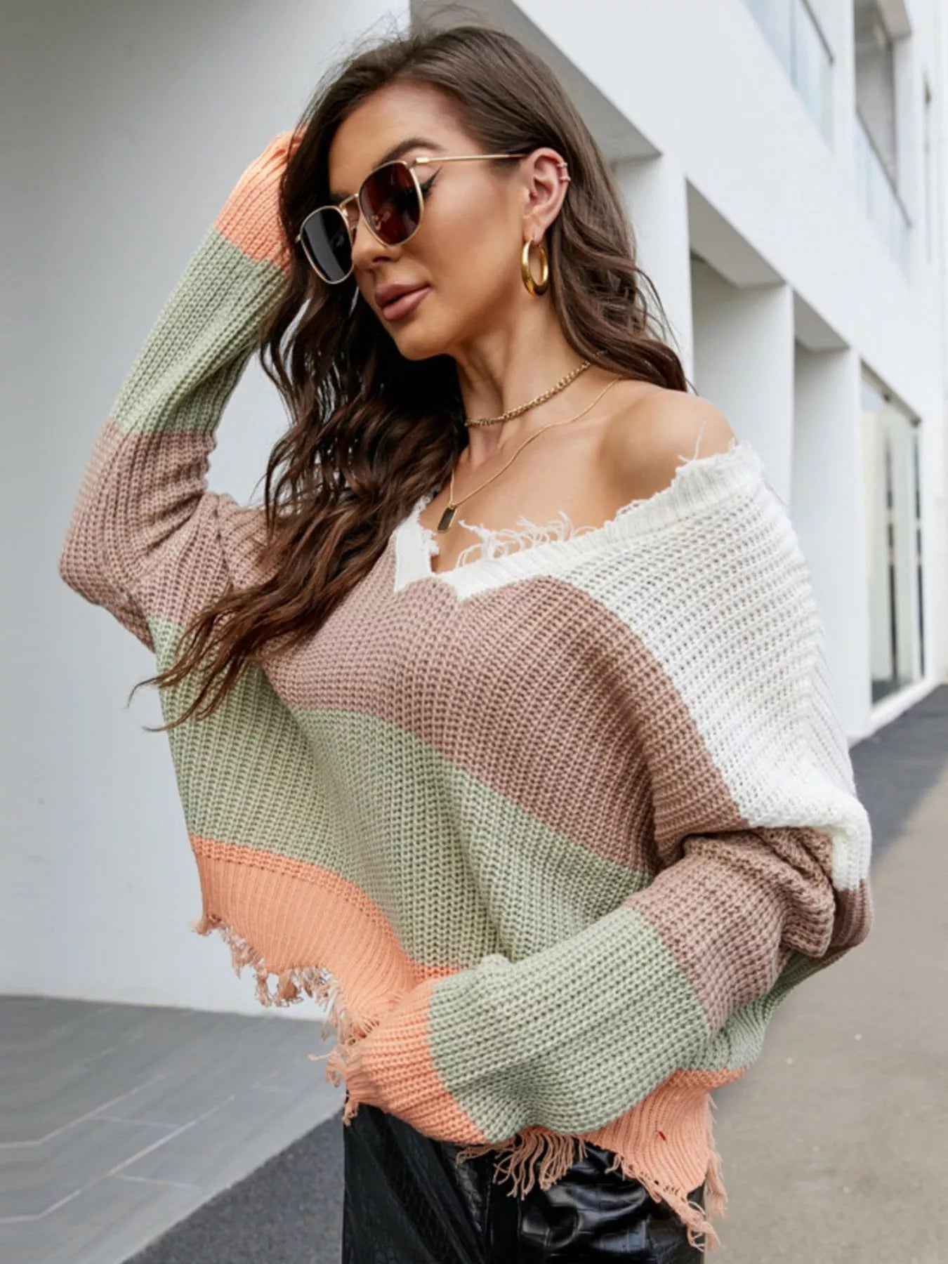 Frayed Hem Long Sleeve Sweater Watermelon pink OutfitFlow