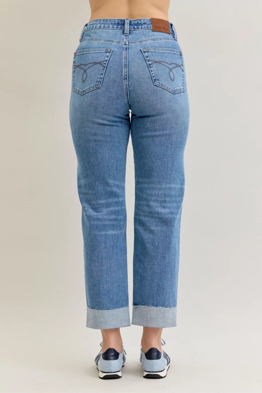 Judy Blue High Waist Bf Criss-cross Mild Destroy Jeans with Single Cuff OutfitFlow