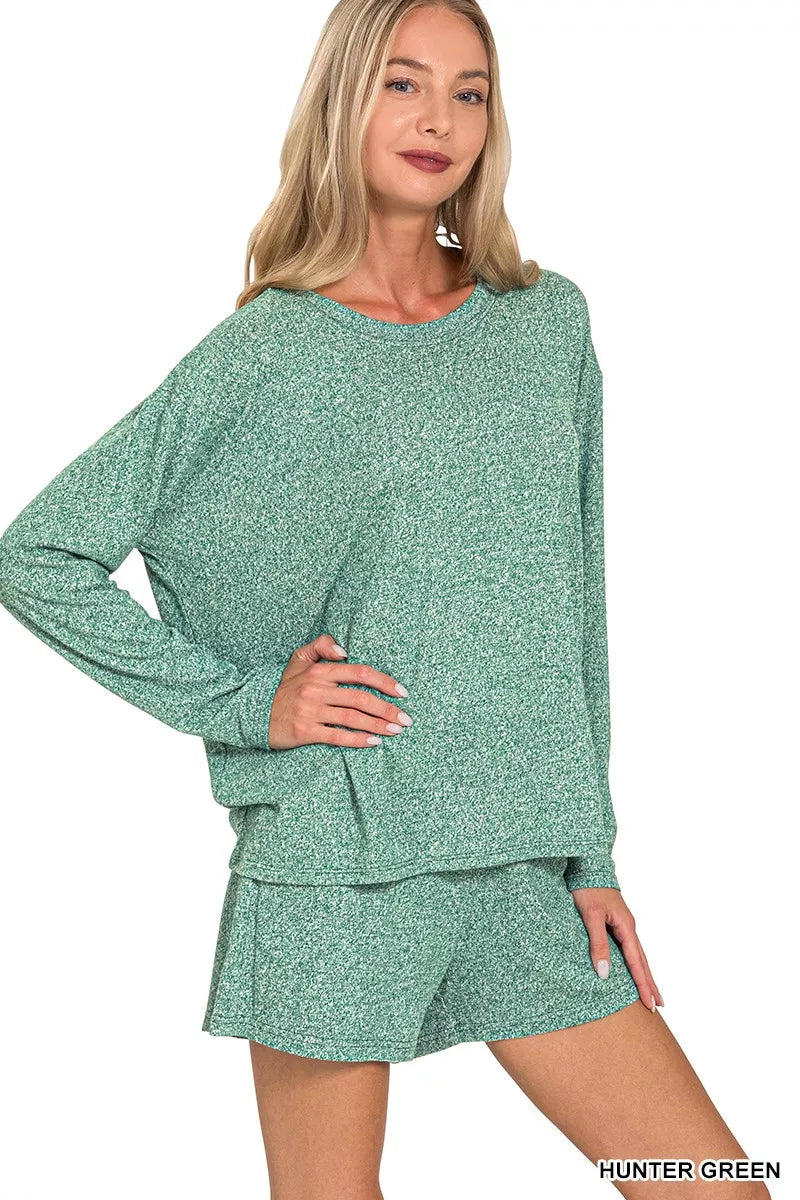 Zenana Soft Melange Long Sleeve Tee and Shorts Set HUNTER GREEN OutfitFlow
