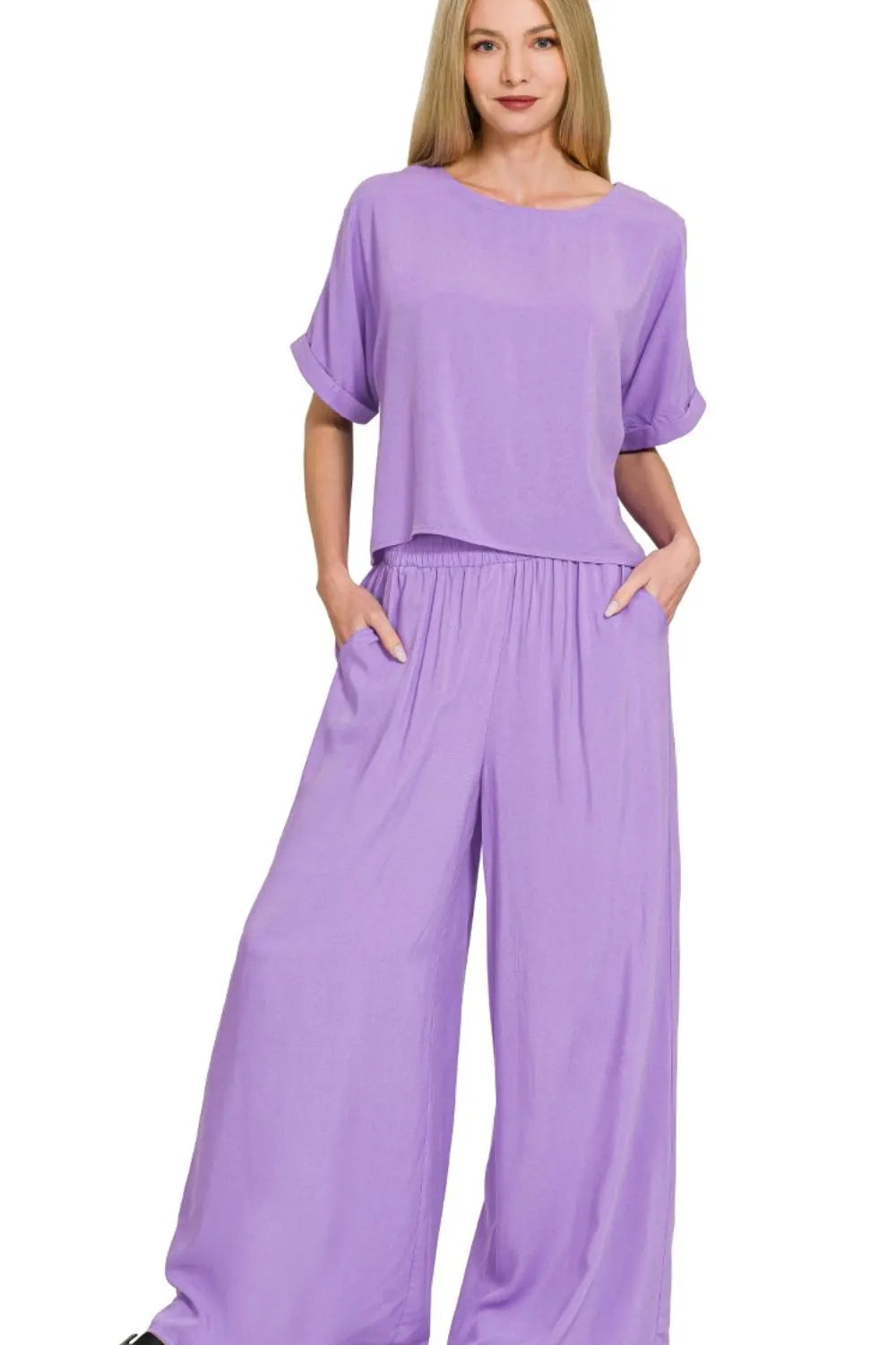 Zenana Round Neck T-Shirt and Wide Leg Pants Set LAVENDER OutfitFlow