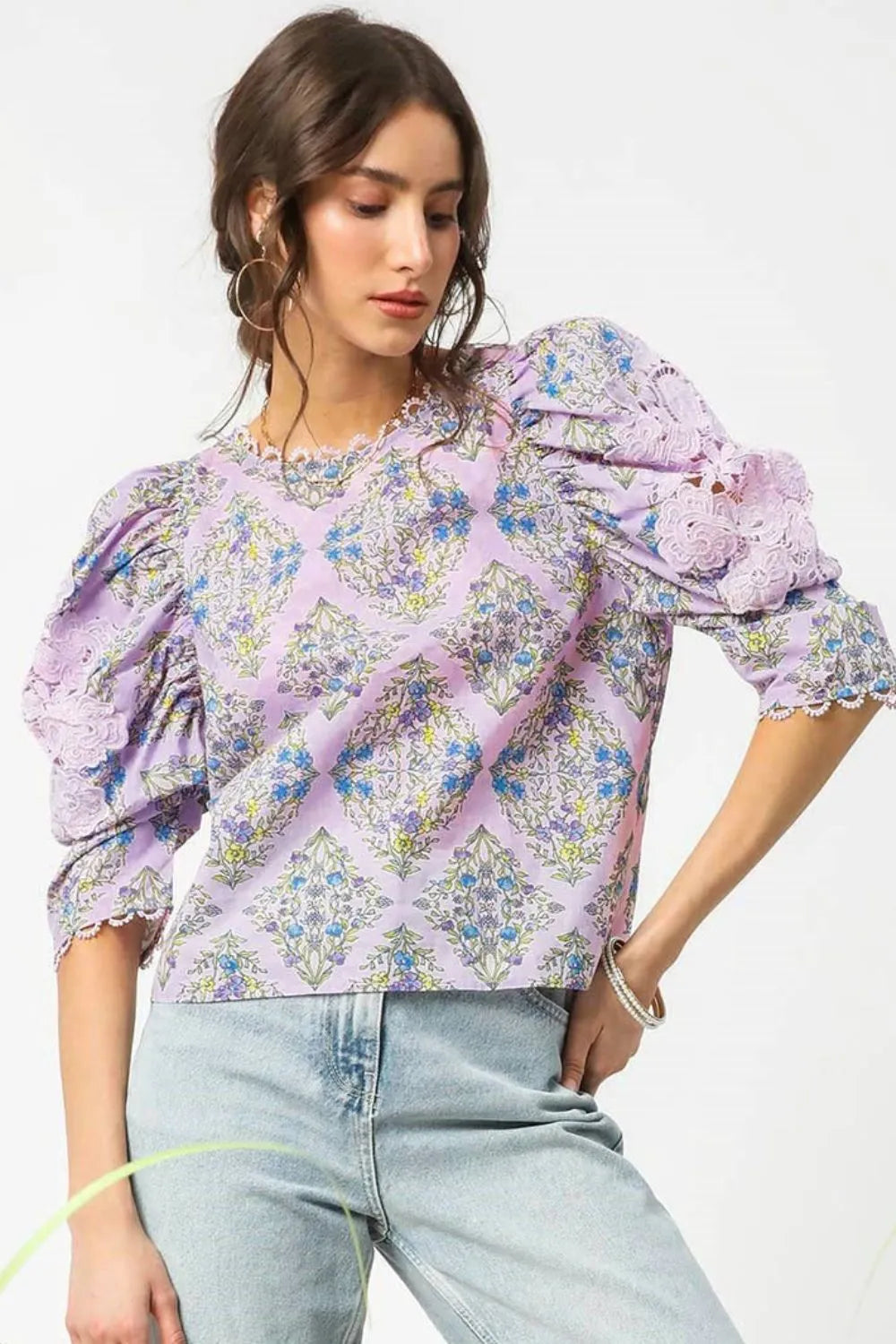 Umgee Printed Lace Puff Sleeve Blouse Pink Purple OutfitFlow