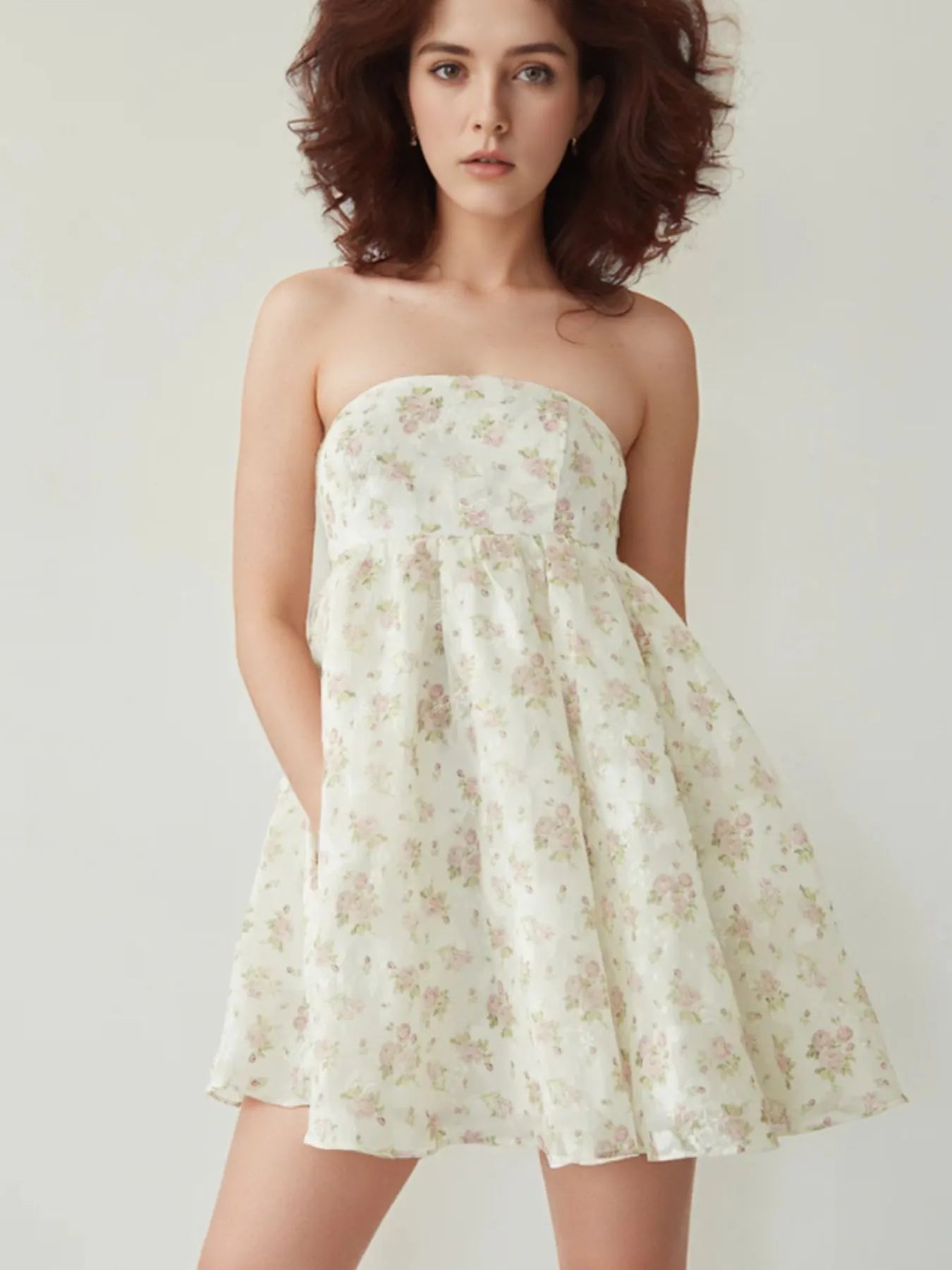 Strapless Floral Print Summer Dress OutfitFlow