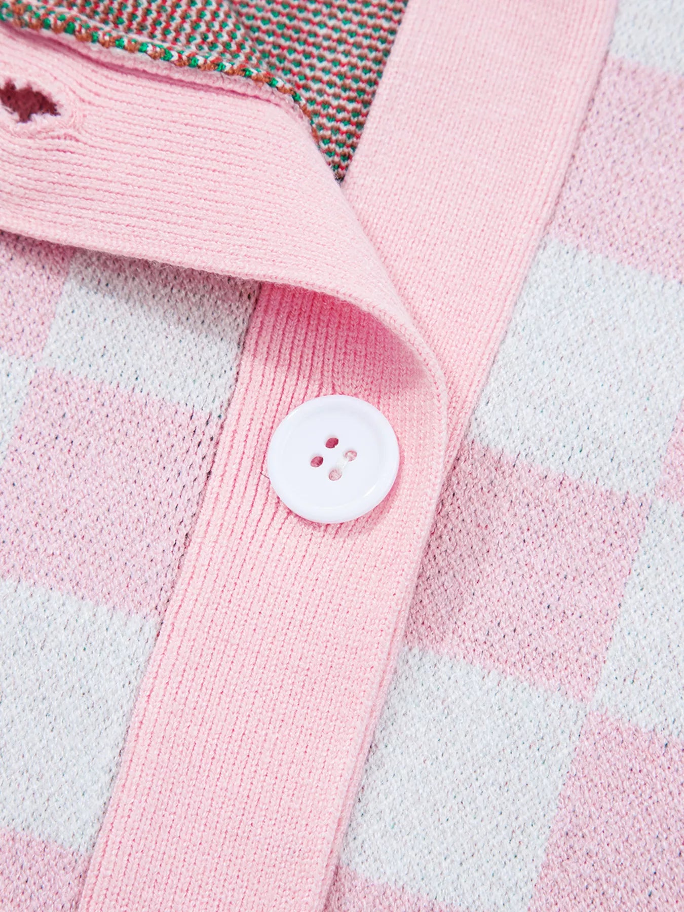 Christmas Tree Pattern Checkered Button V Neck Cardigan OutfitFlow