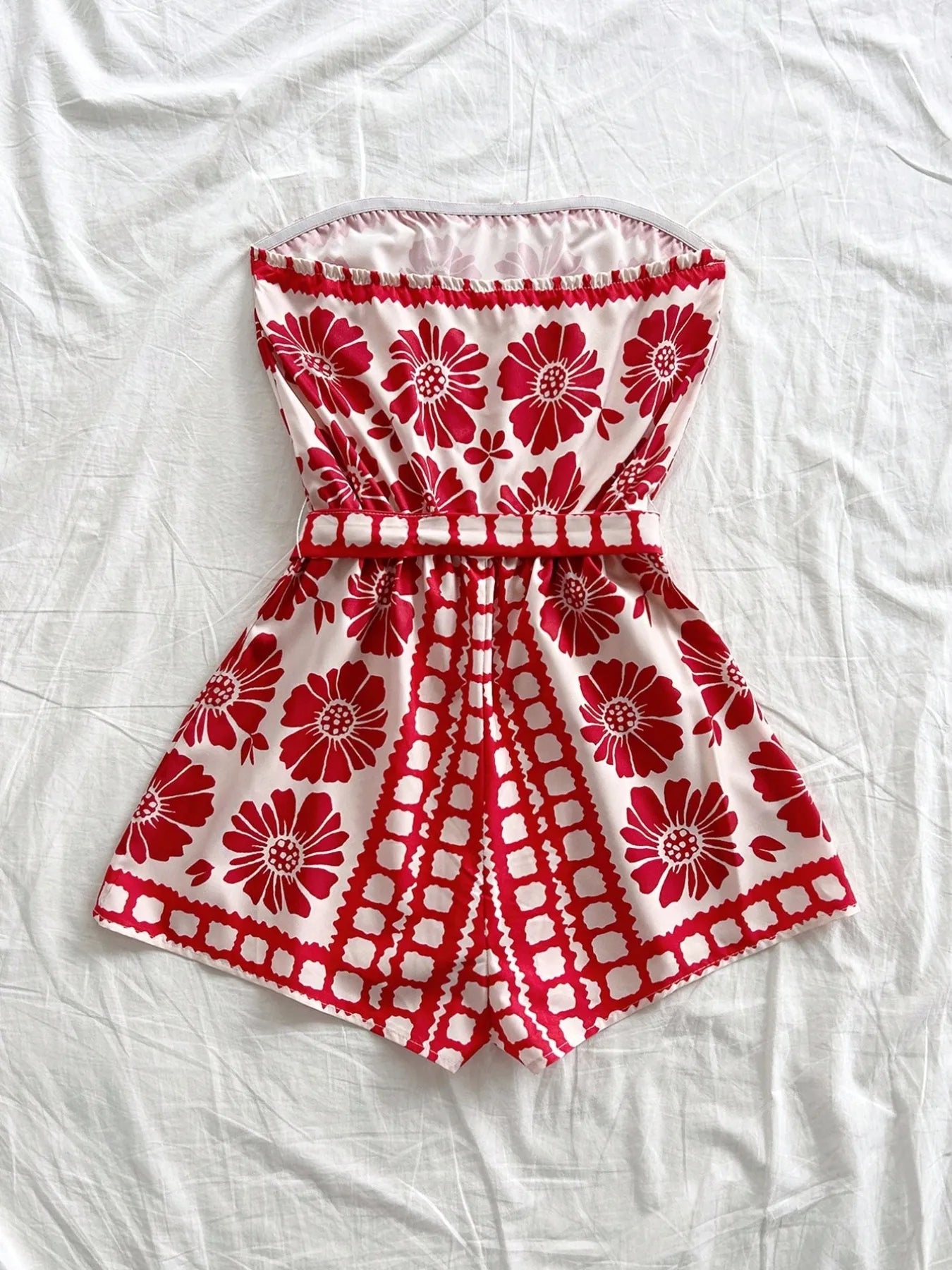 Printed Tube Tie Waist Romper OutfitFlow