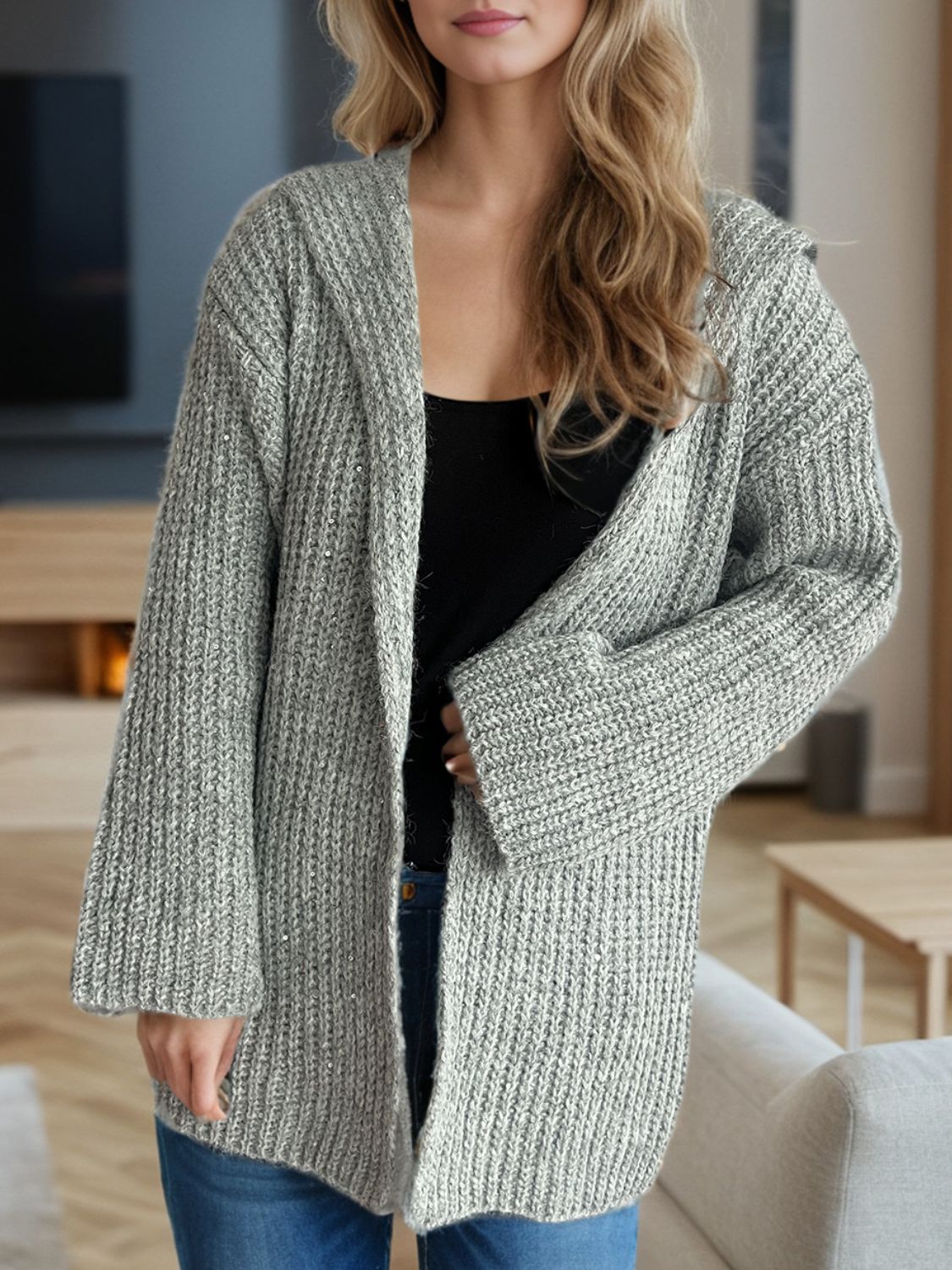 Outfit Flow - Sequin Detail Long Sleeve Hooded Cardigan